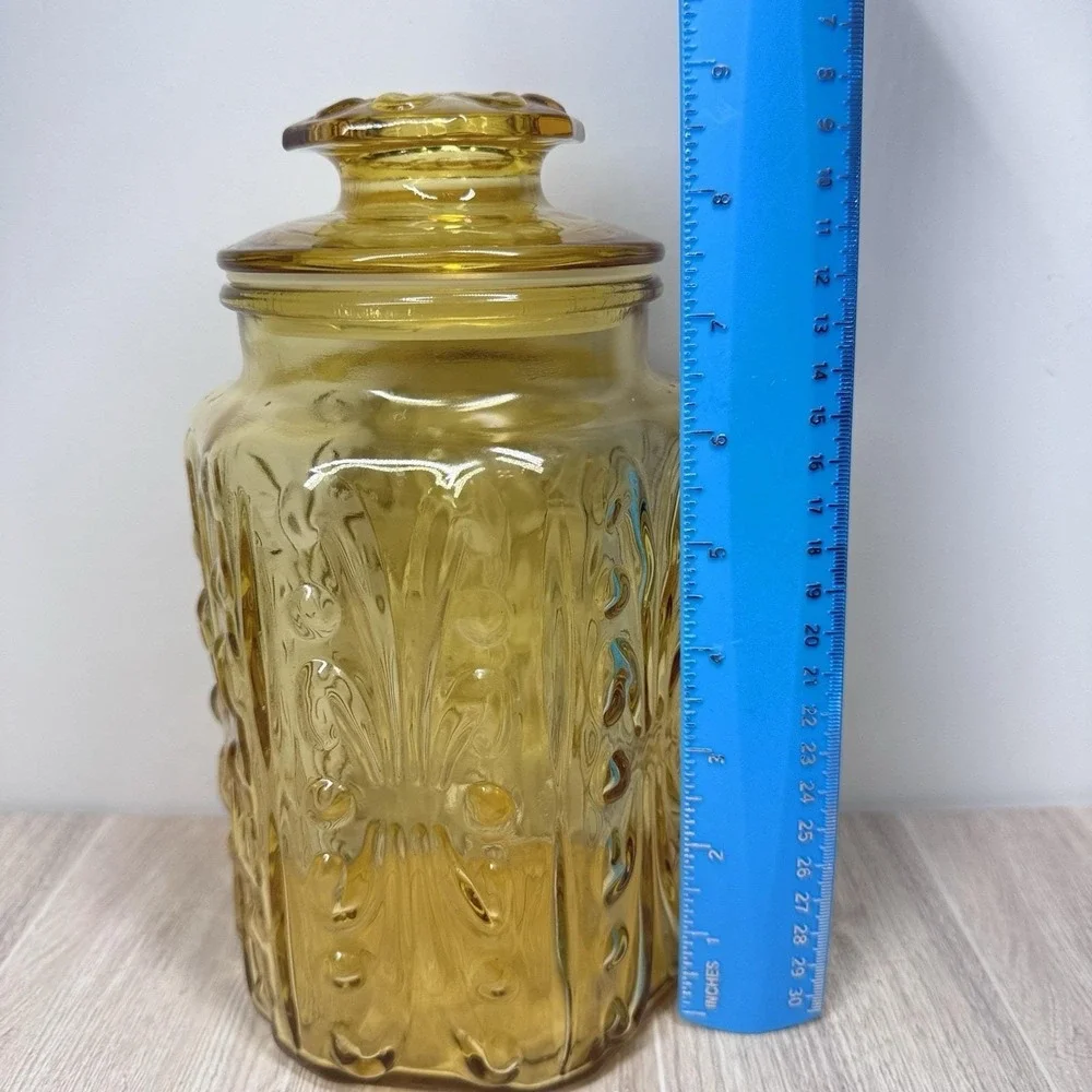 Amber‎ Glass Apothecary Jar Canister Lid Vintage Floral Embossed 9in